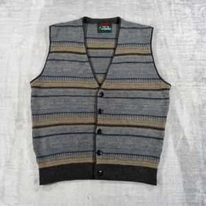 Lakeland Sweater Mens Large Grey Striped Vintage Cardigan Vest Wool Blend Knit